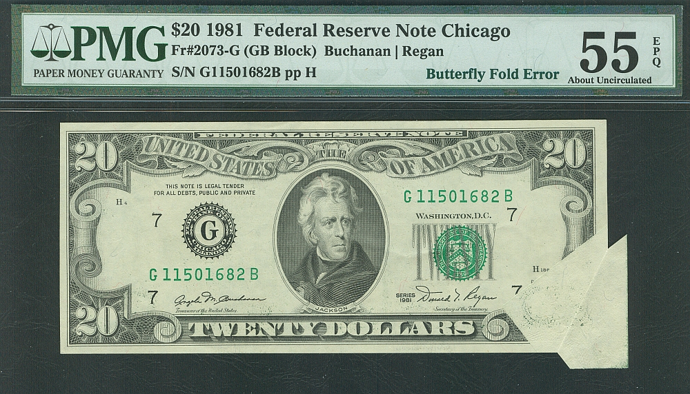 Butterfly Fold Error, 1981 $20 FRN, Fr.2073-G, ChAU, PMG55-EPQ